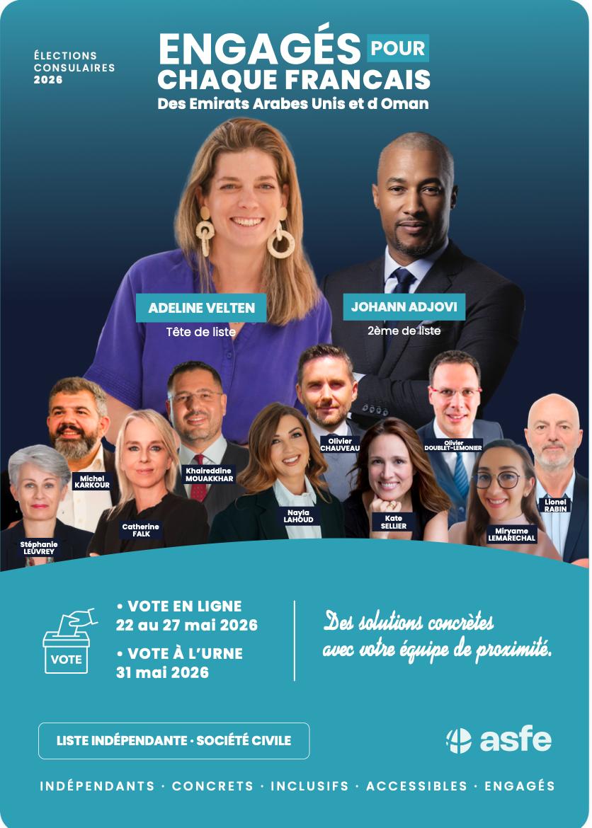 Affiche Engagés pour chaque Français des Émirats arabes unis et Oman - Des solutions concrètes avec votre équipe de proximité (ASFE)
