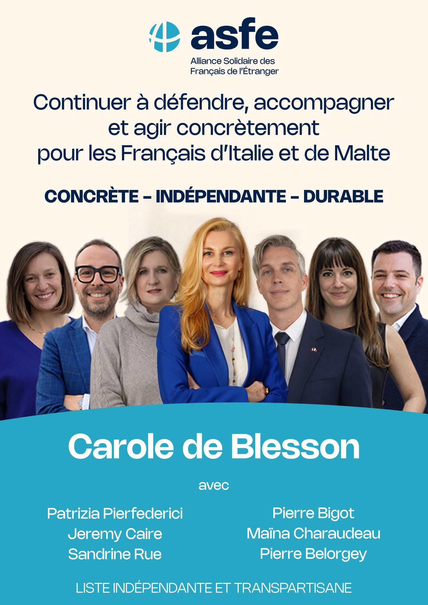 Affiche ASFE - Continuer à défendre, accompagner et agir concrètement pour les Français d'Italie et de Malte • CONCRÈTE • INDÉPENDANTE • DURABLE